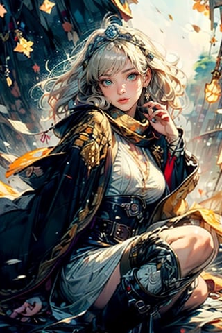 ((Enchanting)) forest scene, 1 girl, wearing attractive bard costume, flowing tunic with intricate embroidery, velvet cloak, scarf, wide belt with colorful ribbons and trinkets, leather boots. layered braid adorned with a glamorous scarf or headpiece, delicate, mysterious smile, wisdom and creativity, silver-white hair, short hair, straight line cut bangs, blunt bangs, extreme detailed, realistic, solo, beautifully detailed eyes, detailed fine nose, detailed fingers, head to thigh, (masterpiece, top quality, best quality, official art, beautiful and aesthetic:1.2),(1girl:1.4), navia, blonde hair, portrait,,extreme detailed,(colorful:1.3),highest detailed,(aristocracy:1.3), landscape,oil painting,portrait,EpicArt