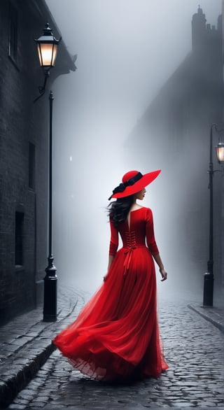 black and white photo, in a cobblestone alley of 18th century London at night, lots of fog, lit by street lamps, a girl walks down the street in red evening dress blown by the wind, a red hat, mysterious atmosphere, (masterpiece, top quality, best quality, official art, beautiful and aesthetic:1.2), (1girl:1.4), portrait, extreme detailed, highest detailed, simple background, 16k, high resolution, perfect dynamic composition, bokeh, (sharp focus:1.2), super wide angle, high angle, high color contrast, medium shot, depth of field, blurry background,chinese ink drawing,potma style