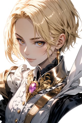 1 cool, handsome man with sharp eyes, ((blank background)), head and shoulders portrait, short hair, blonde hair, shining golden eyes, warrior, large forehead,2b,1guy,1girl