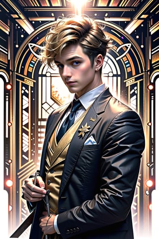 1 man, outdoor, sky, extreme detailed, realistic, solo, official art, extremely detailed, extreme realistic, beautifully detailed eyes, detailed fine nose, detailed fingers, wearing gold embroidered jacket court uniform costume, high quality, beautiful high detailed blonde short hair. Art Nouveau,vane /(granblue fantasy/),CrclWc,centralasia,nodf_lora,xjrex,midjourney,wrenchftmfshn,Nico,Black hair