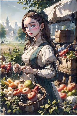 A medieval girl in traditional dress, vegetables and fruits, at a farmer's market, mysterious medieval, masterpiece,oil painting,classic painting,High detailed,CrclWc,edgRenaissance