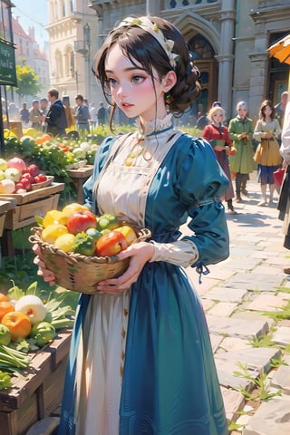 A medieval girl in traditional dress, vegetables and fruits, at a farmer's market, mysterious medieval, masterpiece,High detailed,watercolor,polish dress,edgRenaissance,wearing edgRenaissance