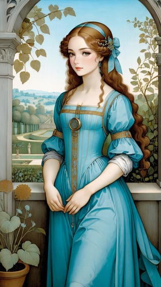 A protrait, resplendent ornate girl in the garden, wearing light aqua blue dress, by Leonardo da Vinci,art_booster