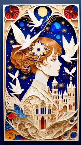 (1 girl:1.2), Grimm's fairy tale and the Renaissance by bosch, maximalism luxury and vibrant, gold and white, smooth and beautiful lines, white art nouveau background, ultra-realistic girls with fine textures and rich details of paper sculpture art, depth of three-dimensional sense, colorful, the image has a mysterious, extremely luminous and bright design, papercut