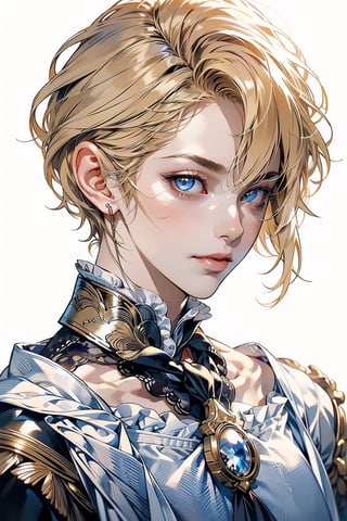 1 cool, handsome man with sharp eyes, ((blank background)), head and shoulders portrait, short hair, blonde hair, shining golden eyes, warrior, large forehead,2b