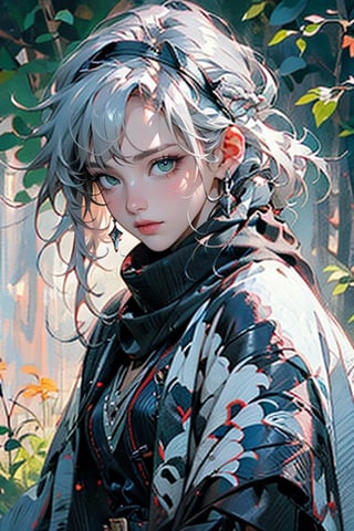 ((Enchanting)) forest scene, 1 girl, wearing attractive bard costume, flowing tunic with intricate embroidery, velvet cloak, scarf, wide belt with colorful ribbons and trinkets, leather boots. layered braid adorned with a glamorous scarf or headpiece, delicate, mysterious smile, wisdom and creativity, (((silver-white hair))), short hair, straight line cut bangs, blunt bangs, extreme detailed, realistic, solo, beautifully detailed eyes, detailed fine nose, detailed fingers,(masterpiece, top quality, best quality, official art, beautiful and aesthetic:1.2),(1girl:1.4), portrait,,extreme detailed, highest detailed,(aristocracy:1.3), landscape, FFIXBG,BJ_Oil_painting
