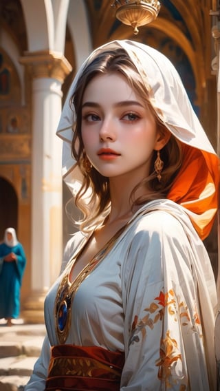 A Byzantine style girl in monastery, white head-cloths and veils. (masterpiece, top quality, best quality, official art, beautiful and aesthetic:1.2), (1girl:1.4), portrait, extreme detailed, highest detailed, simple background, 16k, high resolution, perfect dynamic composition, bokeh, (sharp focus:1.2), super wide angle, high angle, high color contrast, medium shot, depth of field, blurry background