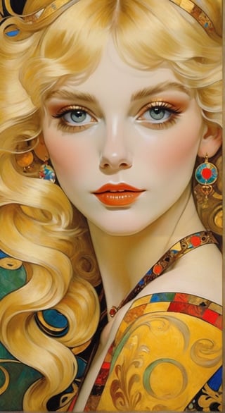 A beautiful girl, blonde hair, dynamic character, detailed exquisite face, bold high quality, high contrast, patchwork, vibrant colors, upper body, looking at viewer, by Gustav Klimt and Mucha and Caravaggio,art_booster,oil painting