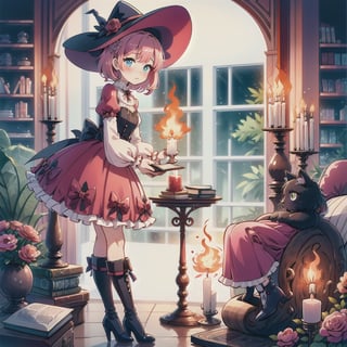 1girl, solo, looking at viewer, blush, short hair, bangs, blue eyes, skirt, long sleeves, hat, full body, pink hair, flower, boots, frills, puffy sleeves, indoors, black footwear, high heels, book, witch hat, rose, fire, red flower, high heel boots, pink skirt, witch, candle, book stack, cat, candlestand,CrclWc,white background