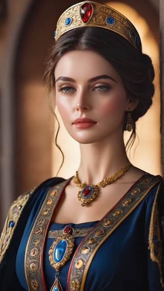 A portrait of Theodora, Byzantine Empress, radiating regal grace and strength in the style of Byzantine iconography. (masterpiece, top quality, best quality, official art, beautiful and aesthetic:1.2), (1girl:1.4), portrait, extreme detailed, highest detailed, simple background, 16k, high resolution, perfect dynamic composition, bokeh, (sharp focus:1.2), super wide angle, high angle, high color contrast, medium shot, depth of field, blurry background, cowboy shot,better photography