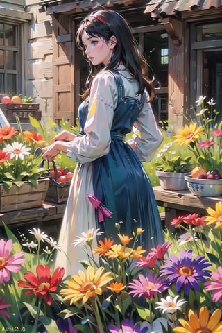 A medieval girl in traditional dress, vegetables and fruits, at a farmer's market, mysterious medieval, masterpiece,High detailed,watercolor,polish dress