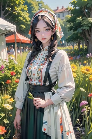 A medieval girl in traditional dress, vegetables and fruits, at a farmer's market, mysterious medieval, masterpiece,High detailed,watercolor,slavic dress