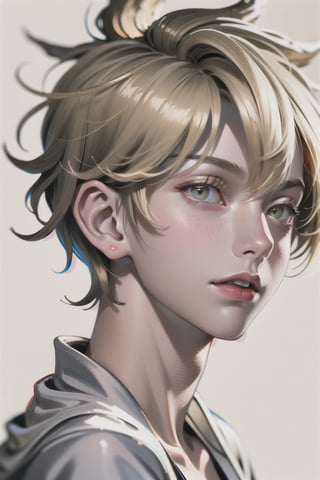 1 cool, handsome man with sharp eyes, ((blank background)), head and shoulders portrait, short hair, blonde hair, shining golden eyes, warrior, large forehead,2b,1guy,1girl,vane /(granblue fantasy/),centralasia, ,cute blond boy,More Detail,tatsumaki,girl