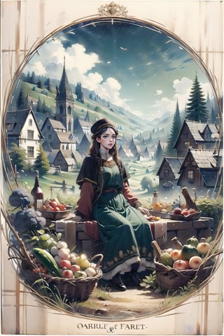 A medieval girl in traditional dress, vegetables and fruits, at a farmer's market, mysterious medieval, masterpiece,oil painting,classic painting,High detailed ,Half-timbered Construction,CrclWc