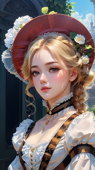 A girl in the Victorian era, outdoor, (masterpiece, top quality, best quality, official art, beautiful and aesthetic:1.2), (1girl:1.4), blonde hair, portrait, extreme detailed, highest detailed, colorful,hubggirl