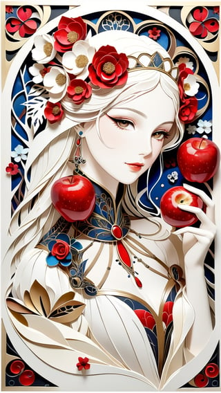 (1 girl:1.2), Snow White with red apple, Grimm's fairy tale and the Renaissance by bosch, maximalism luxury and vibrant, gold and white and red, upper body, smooth and beautiful lines, white art nouveau background, ultra-realistic, fine textures and rich details of paper sculpture art, depth of three-dimensional sense, colorful, the image has a mysterious, extremely luminous and bright design, papercut