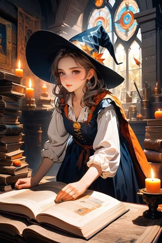 (masterpiece, top quality, best quality, official art, beautiful and aesthetic:1.2), (a glowing magic array depicted on the pages of the book:1.4), radiating mystical energy and ancient power. A witch, (dimly lit workshop:1.2). (1girl:1.4), portrait, extreme detailed, highest detailed, simple background, 16k, high resolution, perfect dynamic composition, (sharp focus:1.2), super wide angle, high angle, high color contrast, medium shot, depth of field, blurry background,