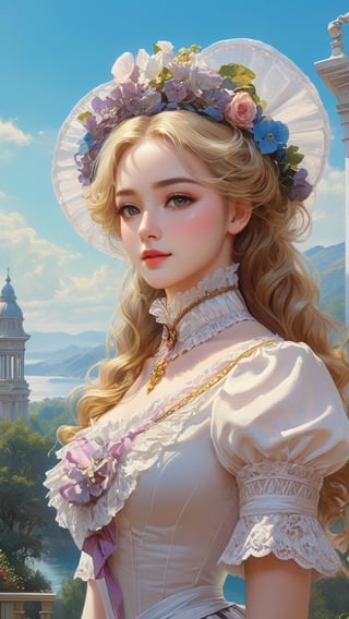 A girl in the Victorian era, outdoor, (masterpiece, top quality, best quality, official art, beautiful and aesthetic:1.2), (1girl:1.4), blonde hair, portrait, extreme detailed, highest detailed, colorful,More Reasonable Details,hubggirl