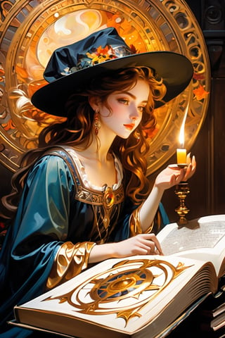 (masterpiece, top quality, best quality, official art, beautiful and aesthetic:1.2), (a glowing magic array depicted on the pages of the book:1.4), radiating mystical energy and ancient power. A witch, (dimly lit workshop:1.2). (1girl:1.4), portrait, extreme detailed, highest detailed, simple background, 16k, high resolution, perfect dynamic composition, (sharp focus:1.2), super wide angle, high angle, high color contrast, medium shot, depth of field, blurry background, by Gustav Klimt and Mucha and Caravaggio