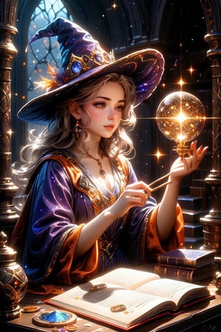 (masterpiece, top quality, best quality, official art, beautiful and aesthetic:1.2), A witch engrossed in the study of magic, a magic array glowing on the pages of a spellbook, (dimly lit workshop:1.2), witch robe, witch hat, portrait, extreme detailed, highest detailed, simple background, 16k, high resolution, perfect dynamic composition, (sharp focus:1.2), super wide angle, high angle, high color contrast, medium shot, depth of field, blurry background,glitter