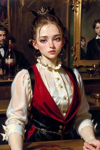 In a bustling Parisian bar with a female bartender and patrons engaged in lively conversations, with reflections of the barmaid and the surrounding atmosphere in the mirrors behind. Capturing the essence of Manet's 'A Bar at the Folies-Bergeres' ,
(masterpiece, top quality, best quality, official art, beautiful and aesthetic:1.2), extreme detailed, highest detailed, ,Masterpiece,Color Booster