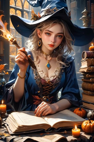 (masterpiece, top quality, best quality, official art, beautiful and aesthetic:1.2), A witch engrossed in the study of magic, a magic array glowing on the pages of a spellbook, (dimly lit workshop:1.2), witch robe, witch hat, portrait, extreme detailed, highest detailed, simple background, 16k, high resolution, perfect dynamic composition, (sharp focus:1.2), super wide angle, high angle, high color contrast, medium shot, depth of field, blurry background,