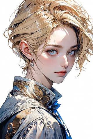 1 cool, handsome man with sharp eyes, ((blank background)), head and shoulders portrait, short hair, blonde hair, shining golden eyes, warrior, large forehead,2b