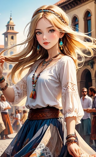 A Bohemian girl dancing in the town square, her long hair and flowing skirt swaying with her graceful movements, Bohemian-style attire, (long straight hair:1.4), adorned with soft fabrics, white lace shirt, ethnic pattern prints layered skirt, bracelets, tassels, headbands, belts, and leather accents, exuding a free-spirited charm. (masterpiece, top quality, best quality, official art, beautiful and aesthetic:1.2), (1girl:1.4), blonde hair, portrait, extreme detailed, highest detailed, depth of field. full body shot, layered jewelry, headscarve,