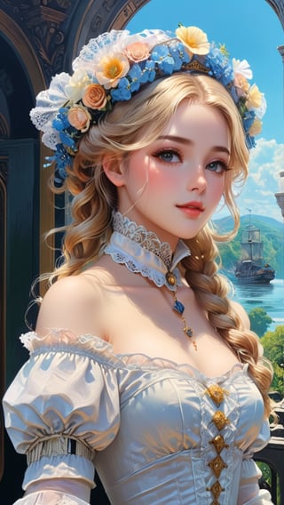 A girl in the Victorian era, outdoor, (masterpiece, top quality, best quality, official art, beautiful and aesthetic:1.2), (1girl:1.4), blonde hair, portrait, extreme detailed, highest detailed, colorful,hubggirl