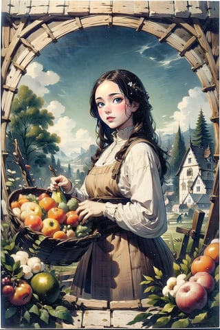 A medieval girl in traditional dress, vegetables and fruits, at a farmer's market, mysterious medieval, masterpiece,oil painting,classic painting,High detailed ,Half-timbered Construction,CrclWc