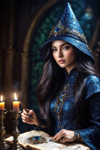 (masterpiece, top quality, best quality, official art, beautiful and aesthetic:1.2), A witch engrossed in the study of magic, a magic array glowing on the pages of a spellbook, (dimly lit workshop:1.2), witch robe, witch hat, portrait, extreme detailed, highest detailed, simple background, 16k, high resolution, perfect dynamic composition, (sharp focus:1.2), super wide angle, high angle, high color contrast, medium shot, depth of field, blurry background,