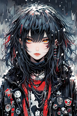 A punk rock version of Snow White, dressed in a rebellious fusion of avant-garde fashions. (standing: 1.2), red cape with hood and ripped mesh details, adorned with punk-inspired patches and brooches. Septum earrings, more calls, tattered dreadlocks, more patches, dirty, torn, anti-union spiked leather jackets, hardcore punk style jackets, punk badges, combat boots tied to legs, Rebellin, Dal, Emo orange, ct- niji2,dal,royal knight