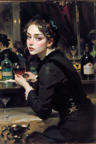 In a bustling Parisian bar with a bartender and patrons engaged in lively conversations, with reflections of the barmaid and the surrounding atmosphere in the mirrors behind. Capturing the essence of Manet's 'A Bar at the Folies-Bergeres'. 1girl,
Masterpiece,oil painting,High detailed,masterpiece,classic painting