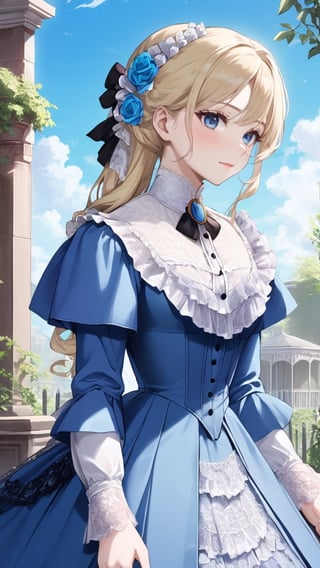 A girl in the Victorian era, outdoor, blue sky, (masterpiece, top quality, best quality, official art, beautiful and aesthetic:1.2), (1girl:1.4), blonde hair, portrait, extreme detailed, highest detailed, springtime is in full swing,colorful,victorian dress,hoopdress