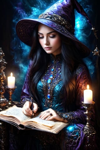 (masterpiece, top quality, best quality, official art, beautiful and aesthetic:1.2), A witch engrossed in the study of magic, a magic array glowing on the pages of a spellbook, (dimly lit workshop:1.2), witch robe, witch hat, portrait, extreme detailed, highest detailed, simple background, 16k, high resolution, perfect dynamic composition, (sharp focus:1.2), super wide angle, high angle, high color contrast, medium shot, depth of field, blurry background,