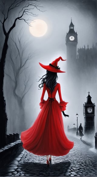 black and white photo, in a cobblestone alley of 18th century London at night, lots of fog, lit by street lamps, a girl walks down the street in red evening dress blown by the wind, a red hat, mysterious atmosphere, (masterpiece, top quality, best quality, official art, beautiful and aesthetic:1.2), (1girl:1.4), portrait, extreme detailed, highest detailed, simple background, 16k, high resolution, perfect dynamic composition, bokeh, (sharp focus:1.2), super wide angle, high angle, high color contrast, medium shot, depth of field, blurry background,chinese ink drawing,potma style,Tim Burton Style