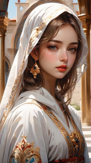 A Byzantine style girl in monastery, white head-cloths and veils. (masterpiece, top quality, best quality, official art, beautiful and aesthetic:1.2), (1girl:1.4), portrait, extreme detailed, highest detailed, simple background, 16k, high resolution, perfect dynamic composition, bokeh, (sharp focus:1.2), super wide angle, high angle, high color contrast, medium shot, depth of field, blurry background