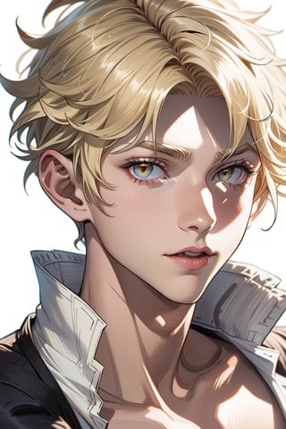 1 cool, handsome man with sharp eyes, ((blank background)), head and shoulders portrait, short hair, blonde hair, shining golden eyes, warrior, large forehead,2b,1guy,1girl,vane /(granblue fantasy/),centralasia, ,cute blond boy,More Detail,tatsumaki