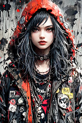 A punk rock version of Snow White, dressed in a rebellious fusion of avant-garde fashions. (standing: 1.2), red cape with hood and ripped mesh details, adorned with punk-inspired patches and brooches. Septum earrings, more calls, tattered dreadlocks, more patches, dirty, torn, anti-union spiked leather jackets, hardcore punk style jackets, punk badges, combat boots tied to legs, Rebellin, Dal, Emo orange, ct- niji2,dal