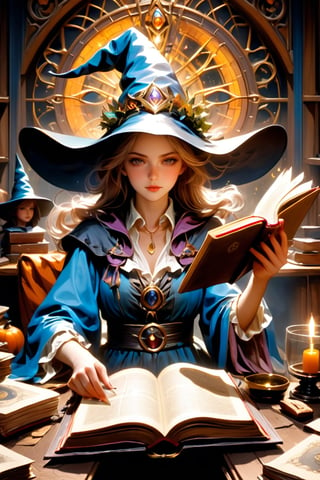 (masterpiece, top quality, best quality, official art, beautiful and aesthetic:1.2), A witch engrossed in the study of magic, a magic array glowing on the pages of a spellbook, (dimly lit workshop:1.2), witch robe, witch hat, portrait, extreme detailed, highest detailed, simple background, 16k, high resolution, perfect dynamic composition, (sharp focus:1.2), super wide angle, high angle, high color contrast, medium shot, depth of field, blurry background,d1p5comp_style