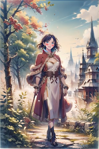 A girl in traditional dress, town square, carioles, mysterious medieval, masterpiece,oil painting,CrclWc,ragnarokhiwiz