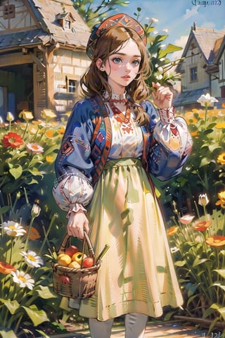 A medieval girl in traditional dress, vegetables and fruits, at a farmer's market, mysterious medieval, masterpiece,High detailed,watercolor,ukrainian dress