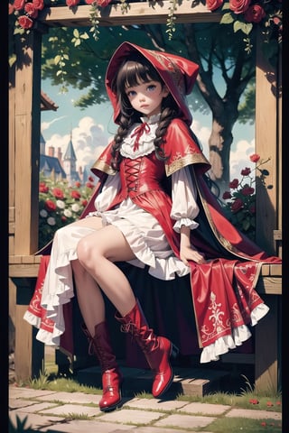 1 little girl, masterpiece, beautiful details, perfect focus, uniform 8K wallpaper, high resolution, exquisite texture in every detail, white background, flowers, outdoor, sky, looking at camera, skp style, greeting card style captures fairytale essence, hyper detailed whimsical "Little Red Riding Hood" with sparkling beautiful eyes, full body shot, ral-vltne, elaborate riding hood cape outfit, dress of vibrant reds, lace up victorian boots on her feet.Vincent van Gogh style