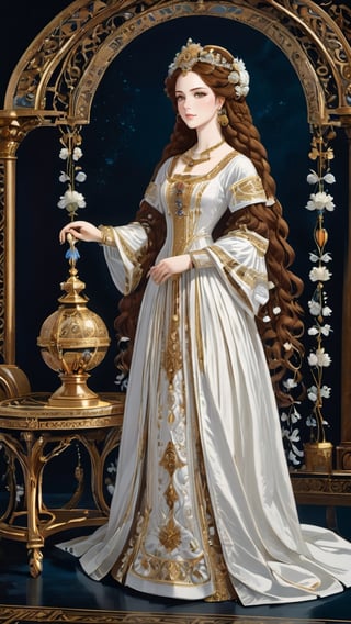 A protrait, resplendent ornate girl, wearing white taffeta dress, by Leonardo da Vinci,Renaissance Sci-Fi Fantasy