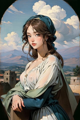 1 girl, a troubadour with sweet smile, landscape, Renaissance beauty, by Raphael, masterpiece,renaissance,edgRenaissance,