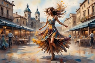 A watercolor-rendered pen sketch featuring splatter art, chaotic rendering, and a post-apocalyptic vibe. A Bohemian maiden dancing in the town square, her long hair and flowing skirt swaying with her graceful movements, exuding beauty and allure. The background depicts a town square at dawn, with three-dimensional lighting effects and backlighting, masterpiece. Made in canvas, ultra realistic, dripping paint, skirt made entirely of coloured paint and splattered with paint, abstract, dancing, spinning pose, dynamic pose, dancing pose,liquid dress,liquid dress,oil paint,wtrcolor style,oil painting,watercolor,artint