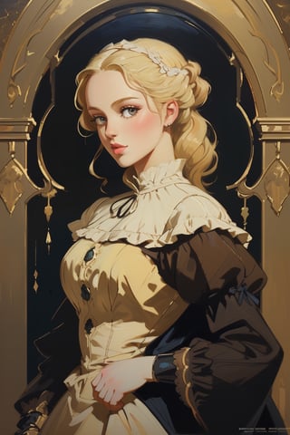 A girl in the Victorian era, promenade attire, (masterpiece, top quality, best quality, official art, beautiful and aesthetic:1.2), (1girl:1.4), vivid color, blonde hair, extreme detailed, highest detailed,oil painting,masterpiece,classic painting