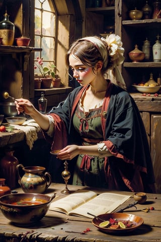 1girl, a medieval witch, makng a magic potion, various potion-making tools, mortar, dried herbs and plants, spring color palette, medieval traditional attire, magic potions, by Rembrandt, masterpiece,More Detail, vivid colors,
(masterpiece, top quality, best quality, official art, beautiful and aesthetic:1.2), extreme detailed, highest detailed, ,Masterpiece,Half-timbered Construction