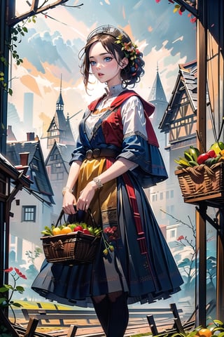 A medieval girl in traditional dress, vegetables and fruits, at a farmer's market, mysterious medieval, masterpiece,High detailed,CrclWc,Detail,Half-timbered Construction,INK art,swedish dress