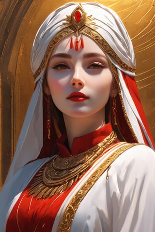 A priestess, red and white clothes, gold details. (masterpiece, top quality, best quality, official art, beautiful and aesthetic:1.2), (1girl:1.4), portrait, extreme detailed, highest detailed, simple background, 16k, high resolution, perfect dynamic composition, (sharp focus:1.2), super wide angle, high angle, high color contrast, medium shot, depth of field, blurry background, 
